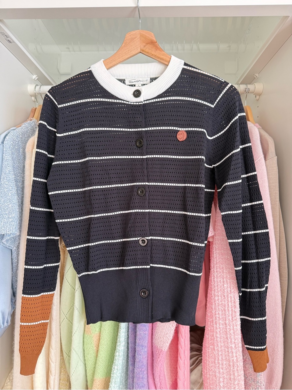 Women's Black & White Striped Button Cardigan Sweater
